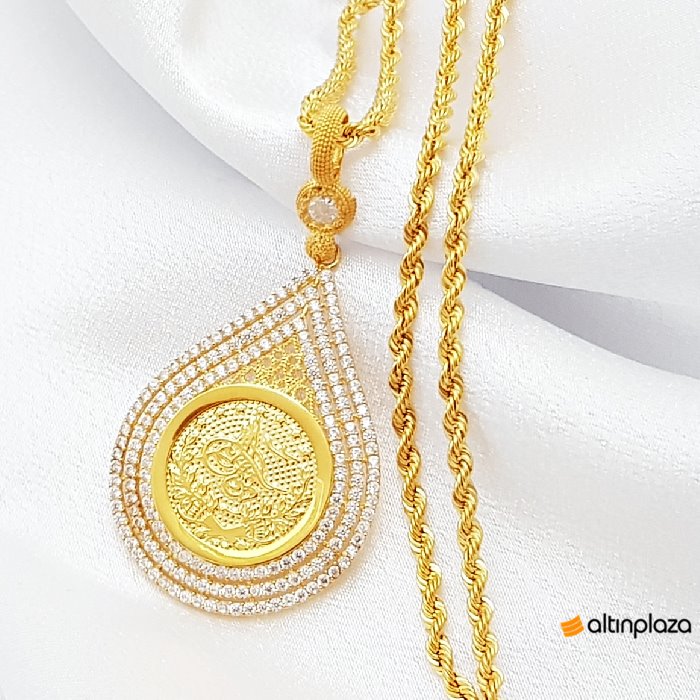 Suyolu Taşlı 8 Ayar Altın Tuğralı Kolye (çeyrek Boyu)