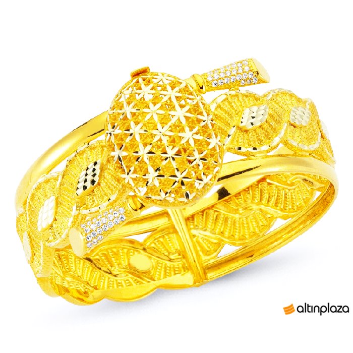 Telkari Ve Burma Bilezik Desenli 14 Ayar Altın Kelepçe Bilezik