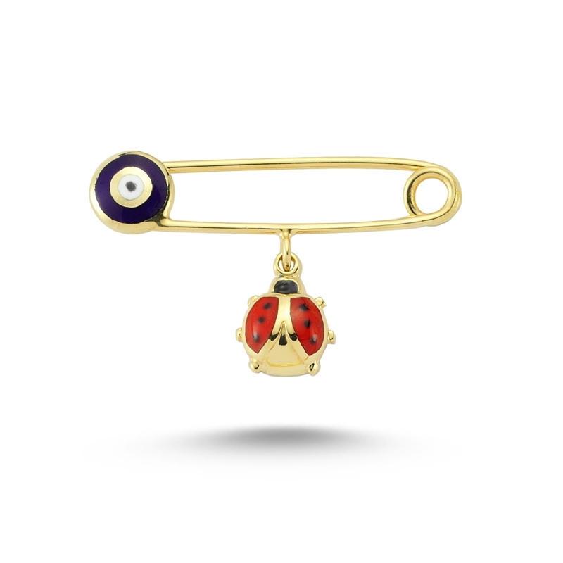 Uğur Böcekli Nazar Boncuklu Altın Bebek Yaka İğnesi