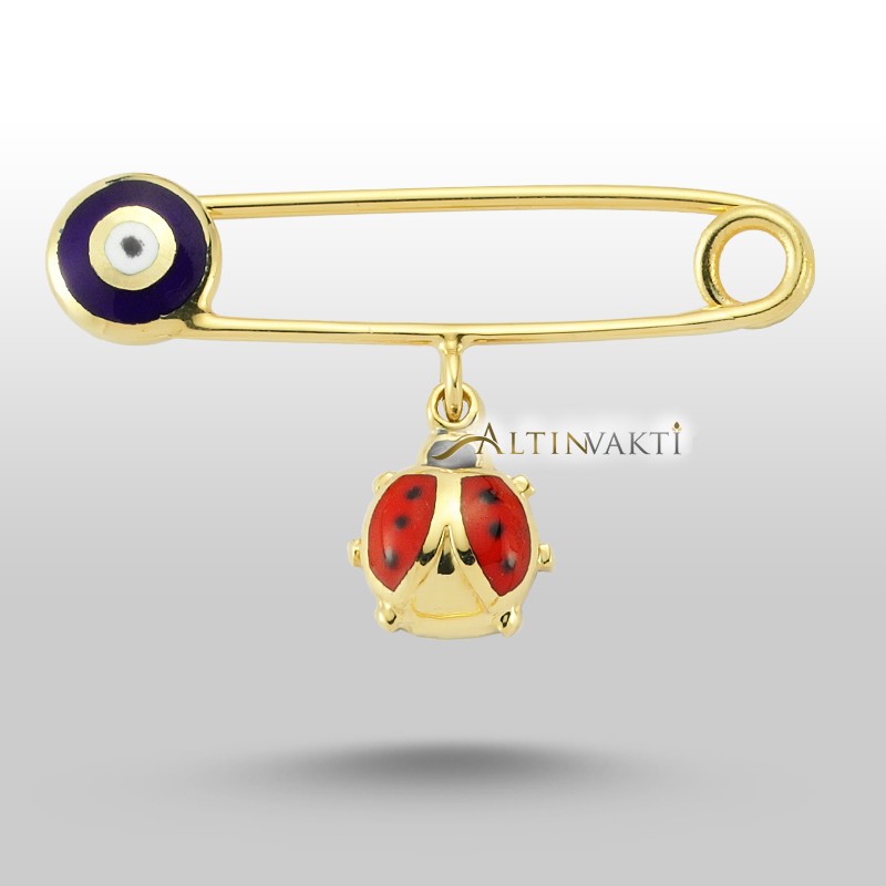 Uğur Böcekli Nazar Boncuklu Altın Bebek Yaka İğnesi