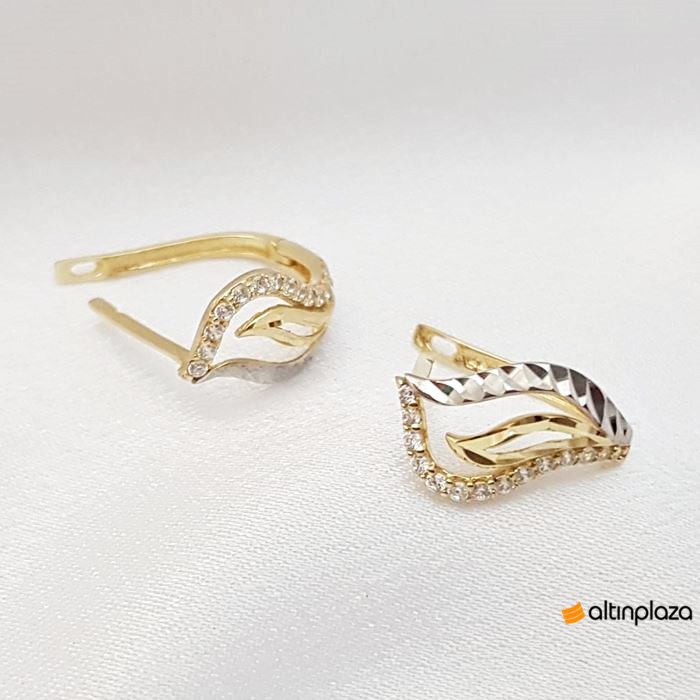 Yeni Model Taşlı Ve Yaprak Detaylı Altın Küpe Modeli