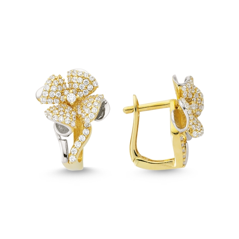 Yeni Taşlı Çiçek Tasarımı Altın Küpe Modeli