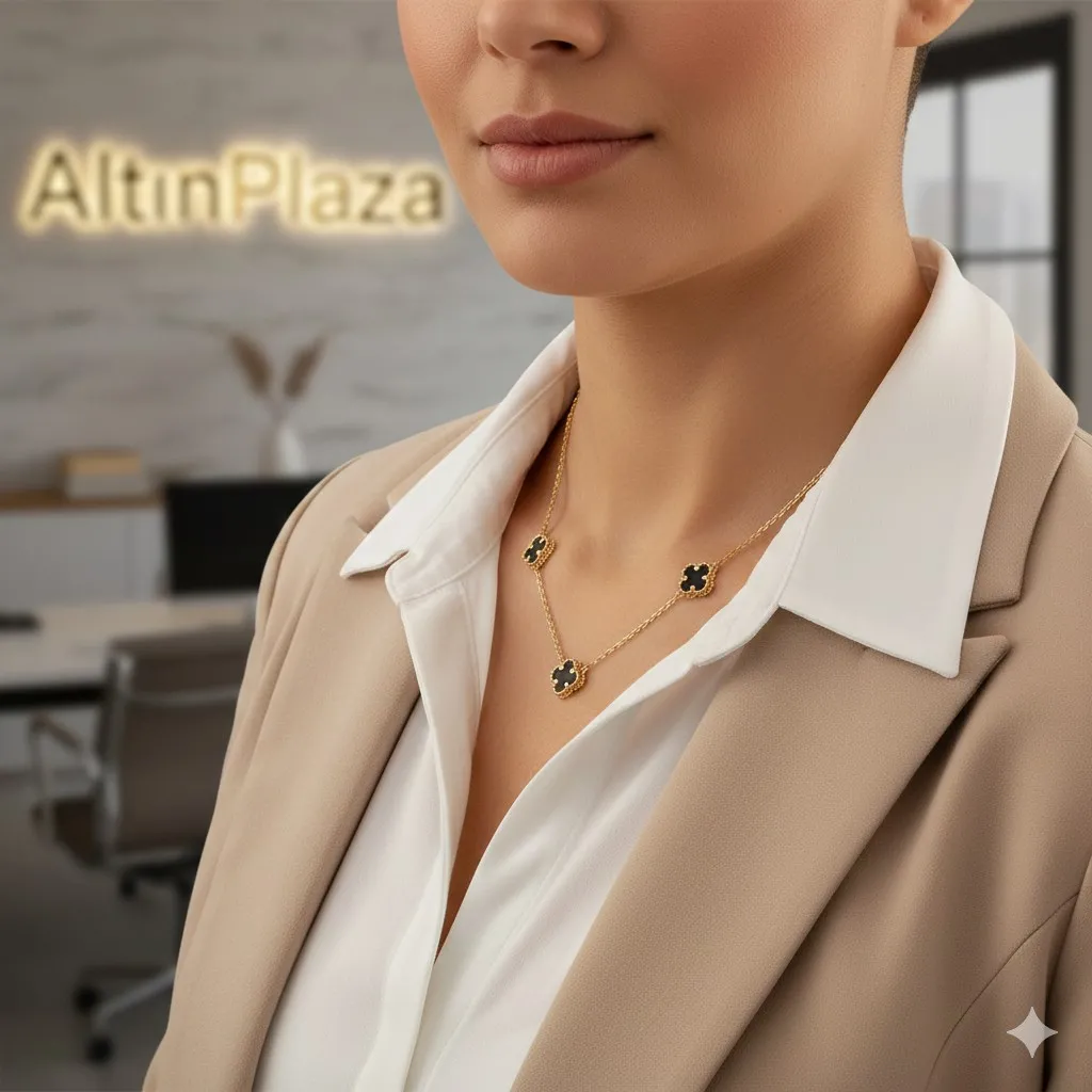 Yonca Motifli 14 Ayar Altın Siyah Sedef Kolye KL13701